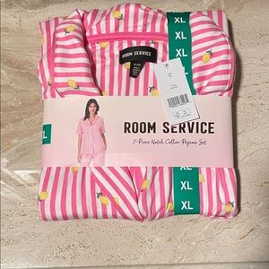 Room Service Short Sleeve Pink Striped Lemon Pajama Set Size XL